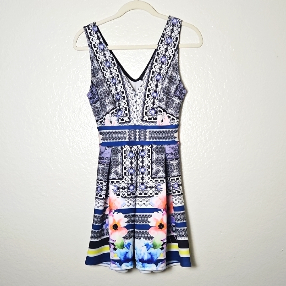 Aqua Vibrant Floral and Geometric Mini Dress